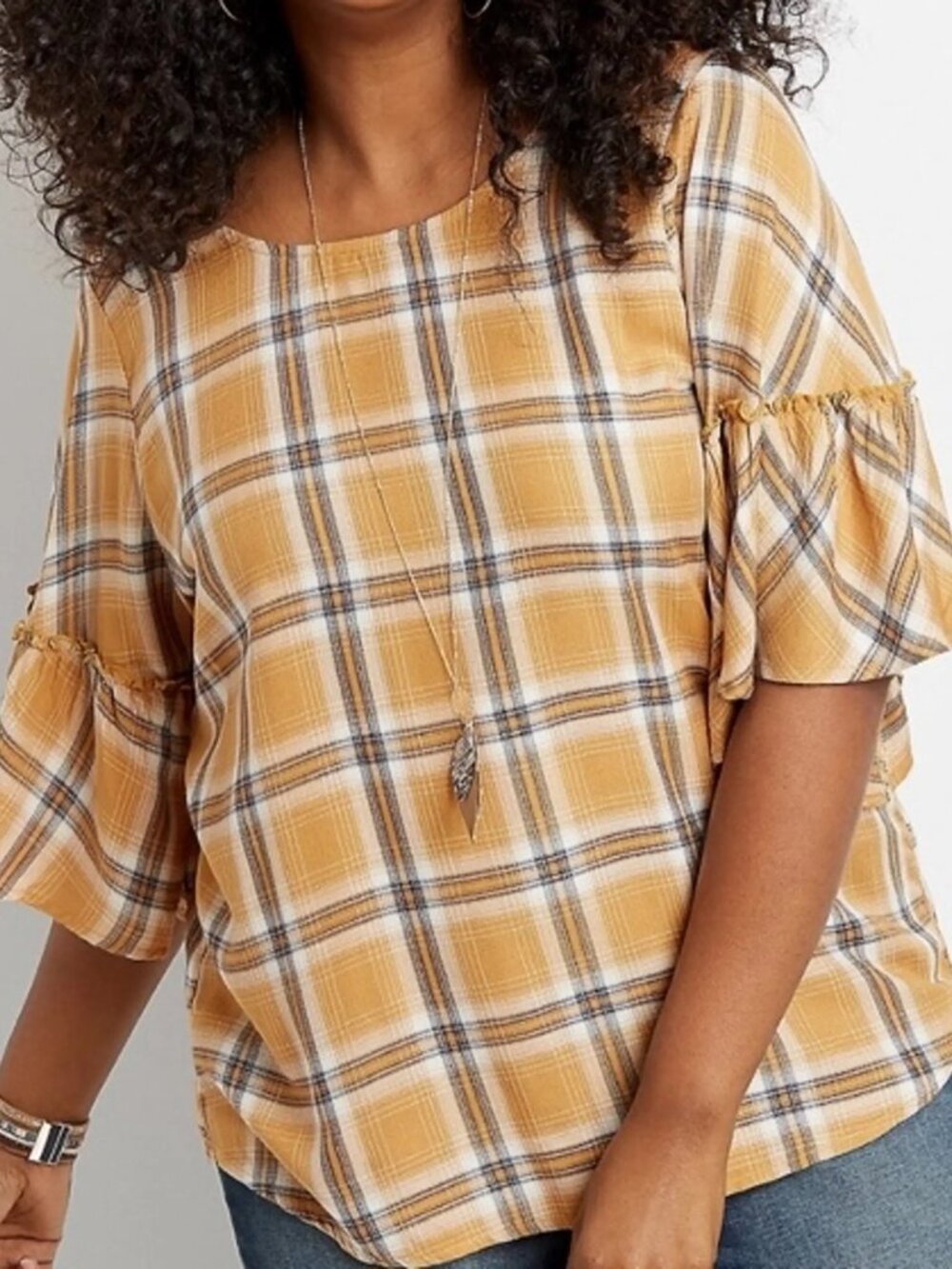 EU Maurices Mustard Yellow Plaid Bell Sleeve Top